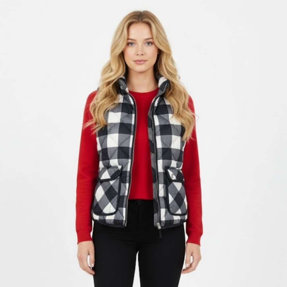 Woolrich Black and White Plaid Feather Puffer Vest Size XL